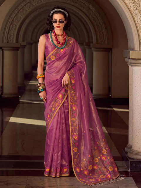 Dark Pink Tissue Silk Floral Woven Saree