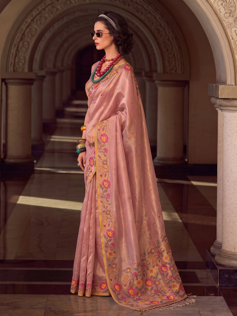 Light Pink Tissue Silk Floral Woven Sare
