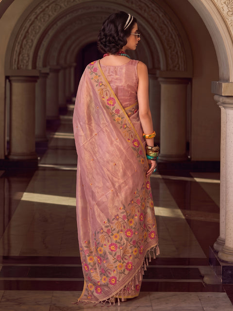 Light Pink Tissue Silk Floral Woven Sare