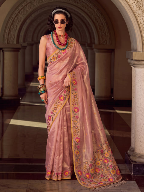 Light Pink Tissue Silk Floral Woven Sare