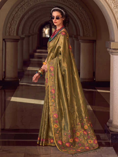 Olive Green Tissue Silk Floral Woven Sare