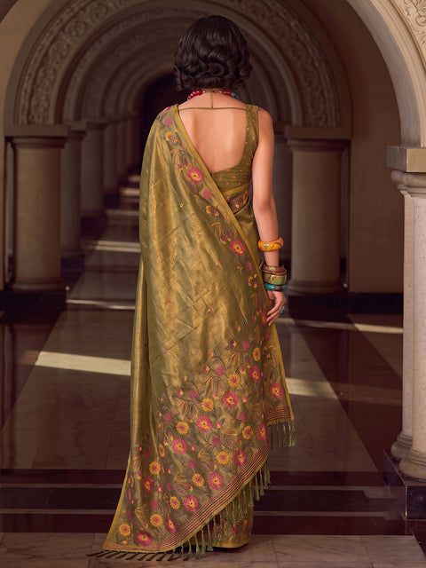 Olive Green Tissue Silk Floral Woven Sare