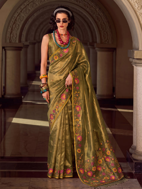 Olive Green Tissue Silk Floral Woven Sare
