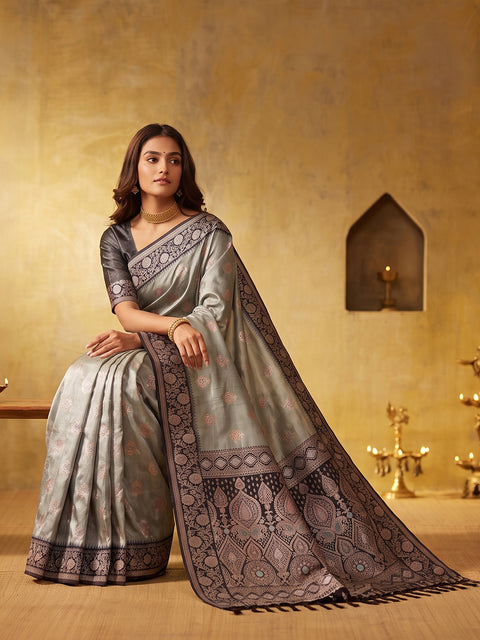 Grey Silk Blend Floral Buti Woven Saree with Dark Grey Pallu