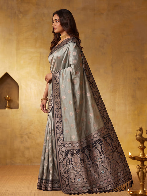 Grey Silk Blend Floral Buti Woven Saree with Dark Grey Pallu