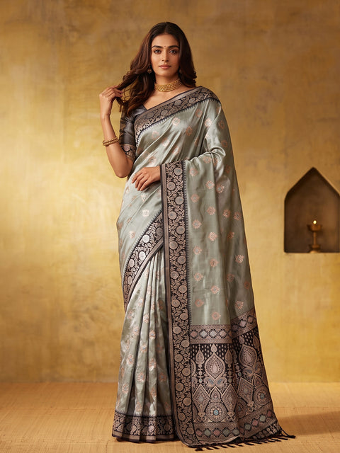 Grey Silk Blend Floral Buti Woven Saree with Dark Grey Pallu