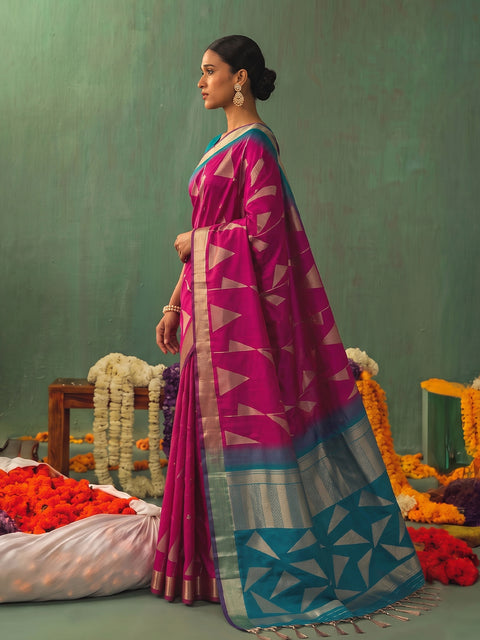 Pink Soft Silk Geometric Woven Saree with Rama Green Pallu
