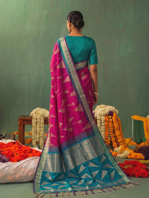 Pink Soft Silk Geometric Woven Saree with Rama Green Pallu
