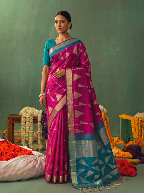 Pink Soft Silk Geometric Woven Saree with Rama Green Pallu