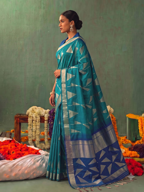 Rama Blue Soft Silk Geometric Woven Saree with Royal Blue Pallu