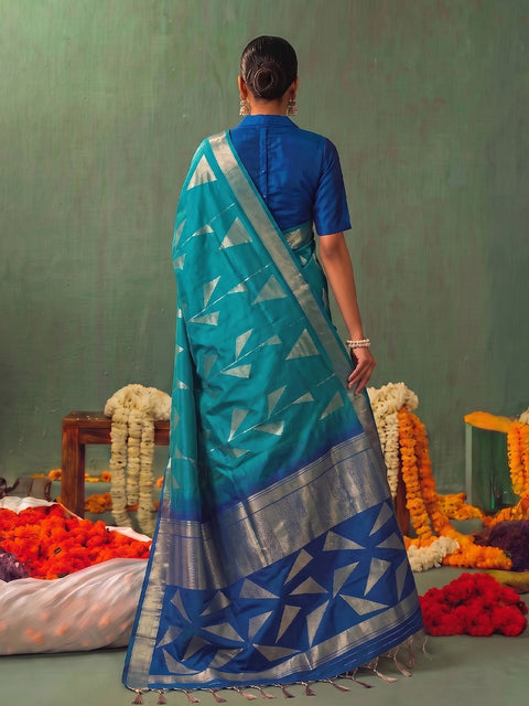 Rama Blue Soft Silk Geometric Woven Saree with Royal Blue Pallu