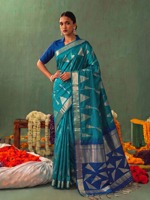 Rama Blue Soft Silk Geometric Woven Saree with Royal Blue Pallu