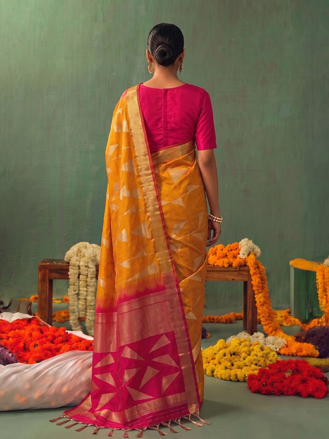 Orange Soft Silk Geometric Woven Saree with Red Pallu