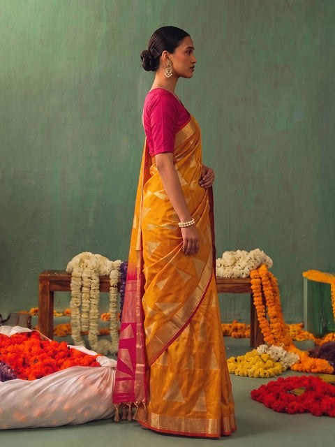 Orange Soft Silk Geometric Woven Saree with Red Pallu