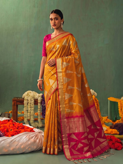 Orange Soft Silk Geometric Woven Saree with Red Pallu