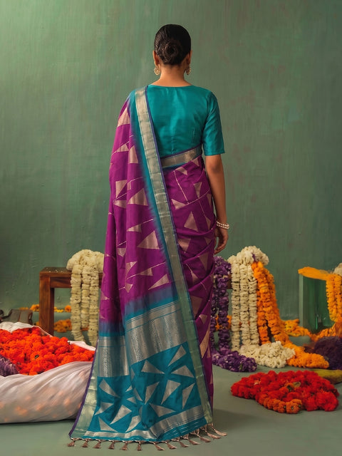 Wine Soft Silk Geometric Woven Saree with Rama Green Blouse