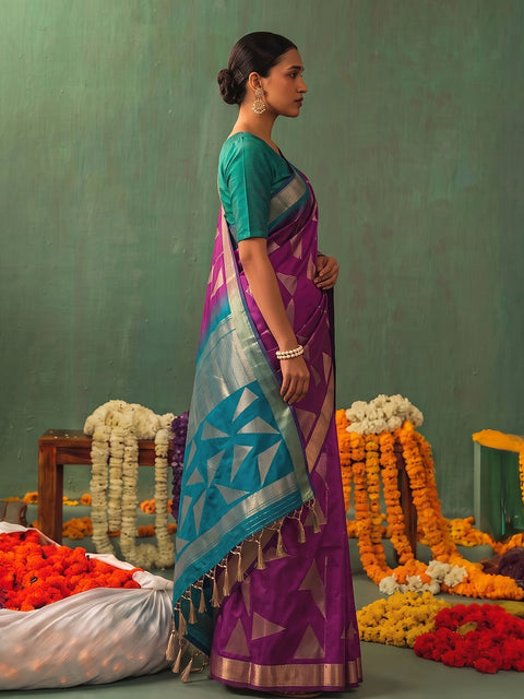 Wine Soft Silk Geometric Woven Saree with Rama Green Blouse