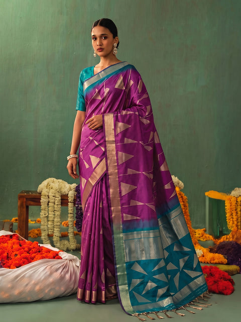 Wine Soft Silk Geometric Woven Saree with Rama Green Blouse