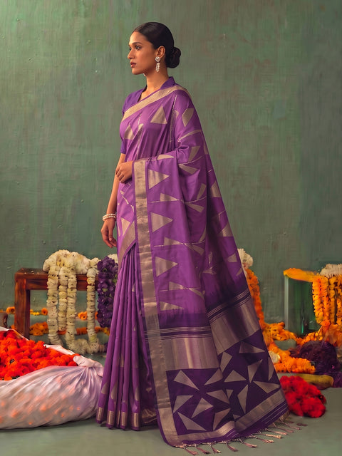 Purple Soft Silk Geometric Woven Saree with Dark Purple Pallu