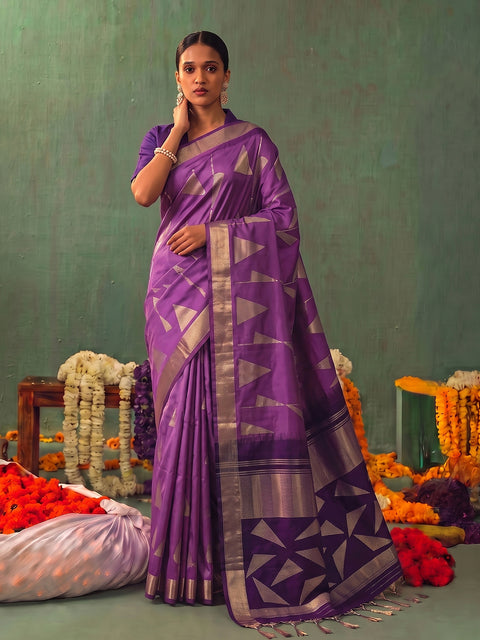 Purple Soft Silk Geometric Woven Saree with Dark Purple Pallu
