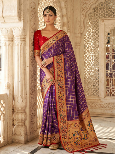 Purple Banarasi Silk Saree with Golden Zari Woven Border