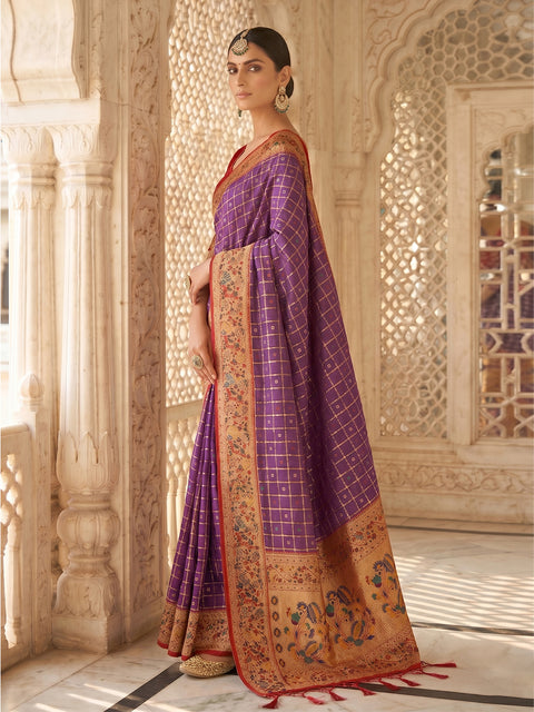 Purple Banarasi Silk Saree with Golden Zari Woven Border
