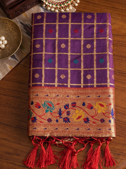 Purple Banarasi Silk Saree with Golden Zari Woven Border
