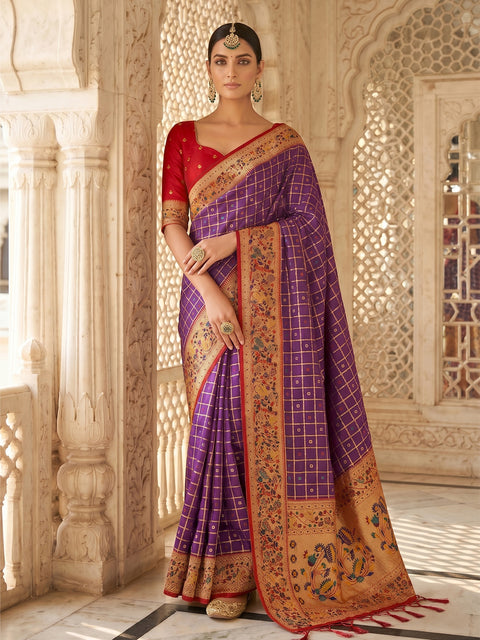 Purple Banarasi Silk Saree with Golden Zari Woven Border
