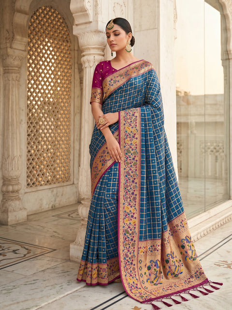 Blue Banarasi Silk Saree with Golden Zari Woven Border