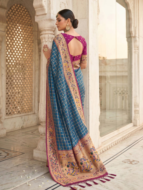 Blue Banarasi Silk Saree with Golden Zari Woven Border