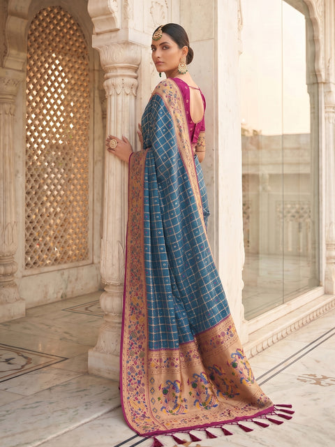Blue Banarasi Silk Saree with Golden Zari Woven Border