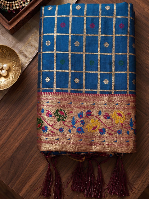 Blue Banarasi Silk Saree with Golden Zari Woven Border