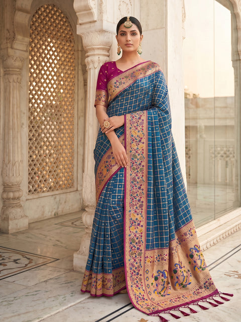 Blue Banarasi Silk Saree with Golden Zari Woven Border