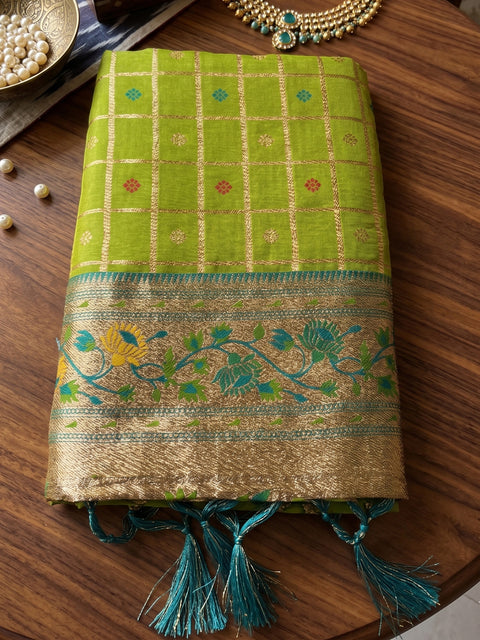 Green Banarasi Silk Saree with Golden Zari Woven Border