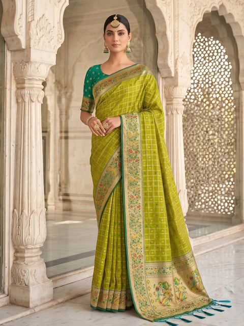 Green Banarasi Silk Saree with Golden Zari Woven Border