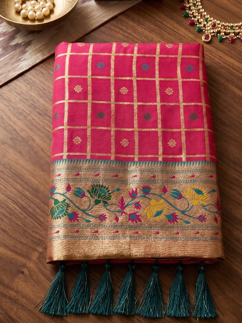 Rani Pink Banarasi Silk Saree with Golden Zari Woven Border