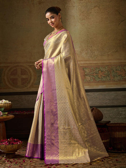 Cream Kanchivaram Silk Woven Saree with Purple Pallu