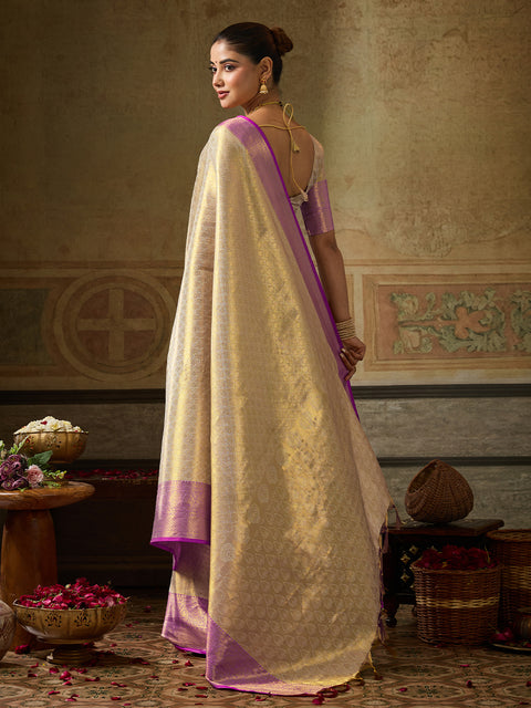 Cream Kanchivaram Silk Woven Saree with Purple Pallu