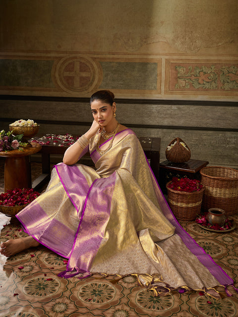 Cream Kanchivaram Silk Woven Saree with Purple Pallu
