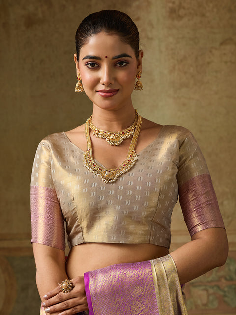 Cream Kanchivaram Silk Woven Saree with Purple Pallu