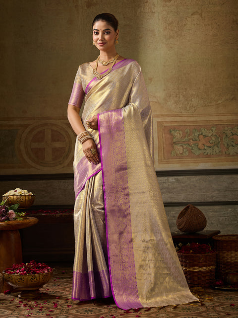 Cream Kanchivaram Silk Woven Saree with Purple Pallu