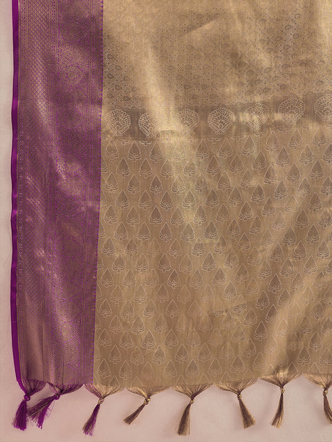 Cream Kanchivaram Silk Woven Saree with Purple Pallu