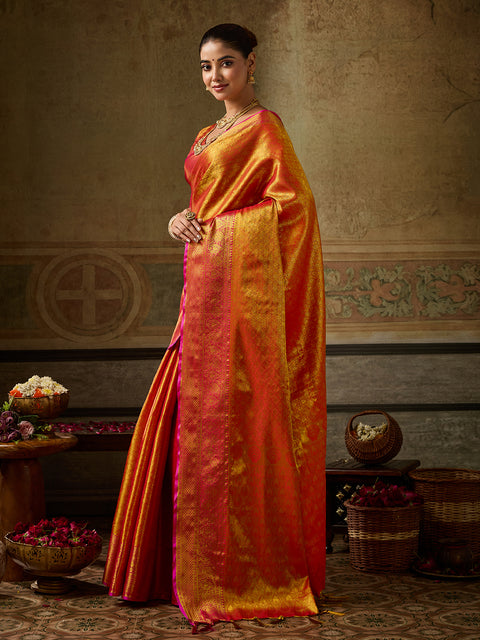 Orange Kanchivaram Silk Woven Saree with Pink Pallu