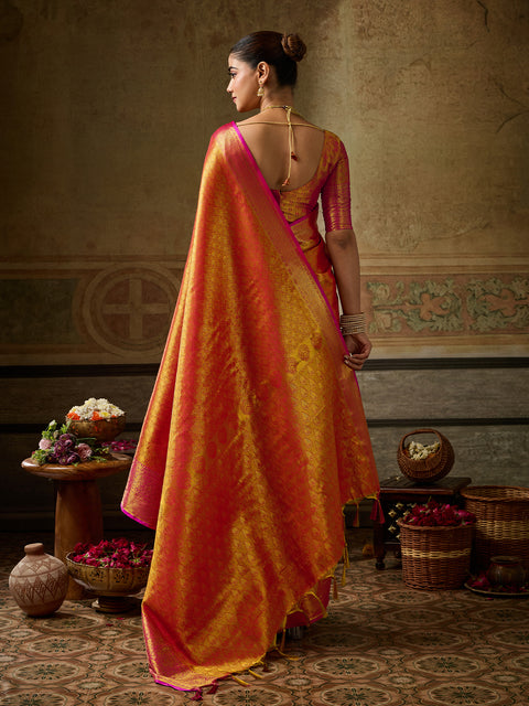 Orange Kanchivaram Silk Woven Saree with Pink Pallu