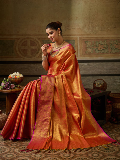 Orange Kanchivaram Silk Woven Saree with Pink Pallu