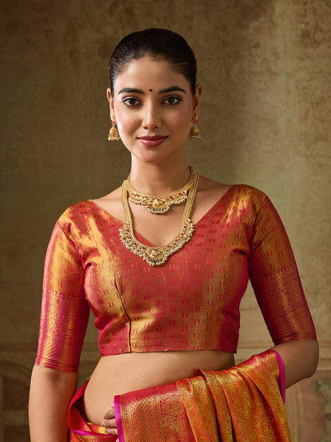 Orange Kanchivaram Silk Woven Saree with Pink Pallu