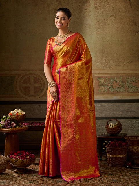 Orange Kanchivaram Silk Woven Saree with Pink Pallu