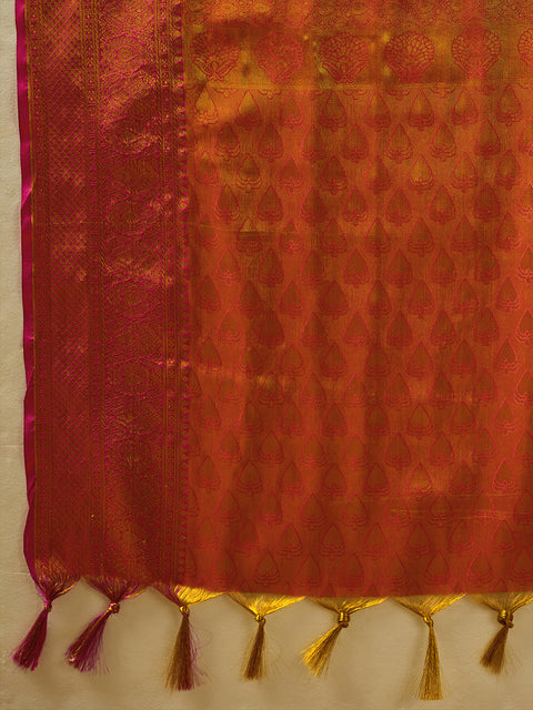 Orange Kanchivaram Silk Woven Saree with Pink Pallu