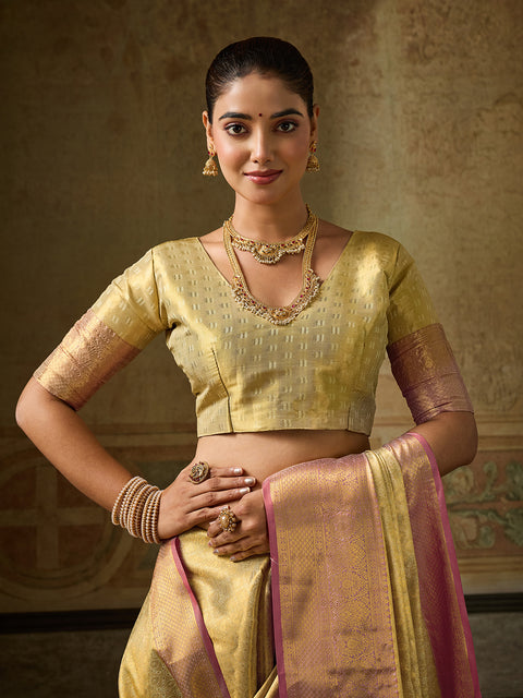 Golden Kanchivaram Silk Woven Saree
