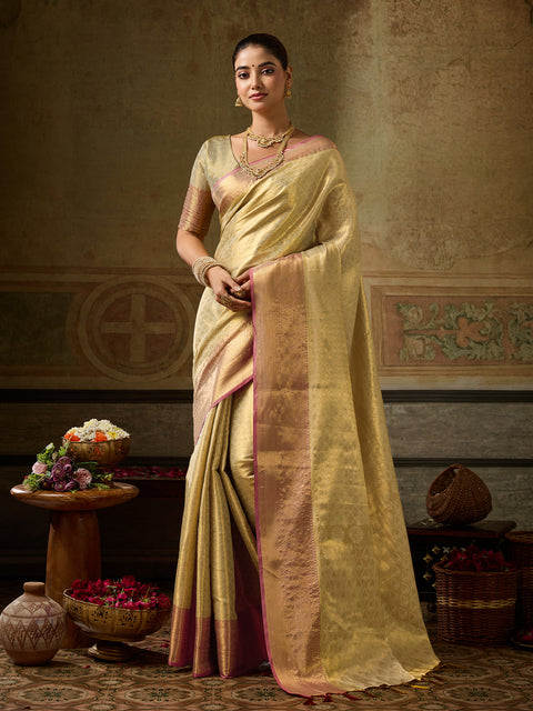 Golden Kanchivaram Silk Woven Saree